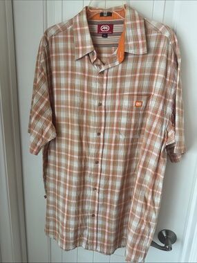 Ecko Unltd. Men's The Dwyer Orange & Cream Plaid woven Short-Sleeve Button-Down